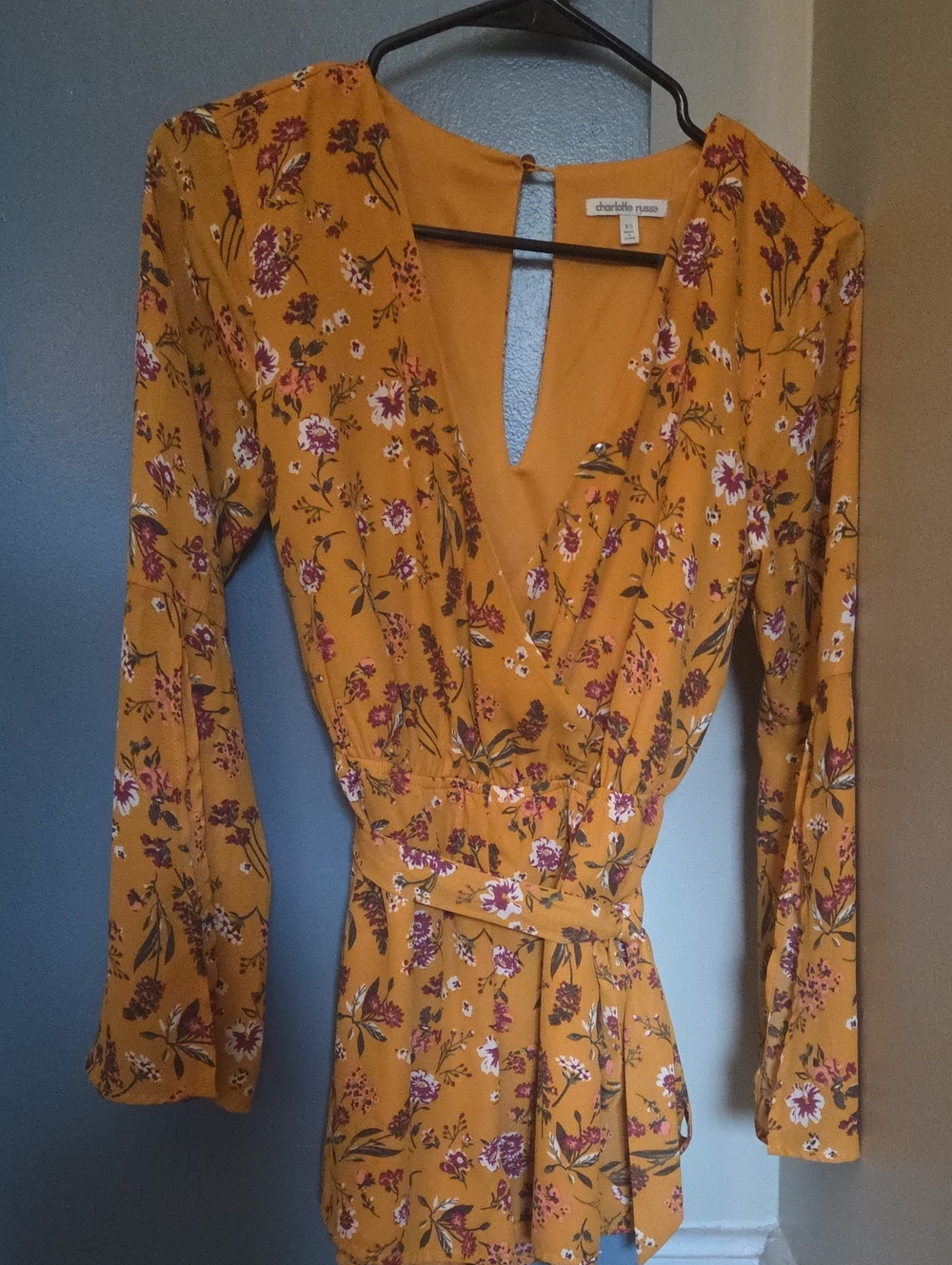 Charlotte Russe Mustard Floral Wrap Romper